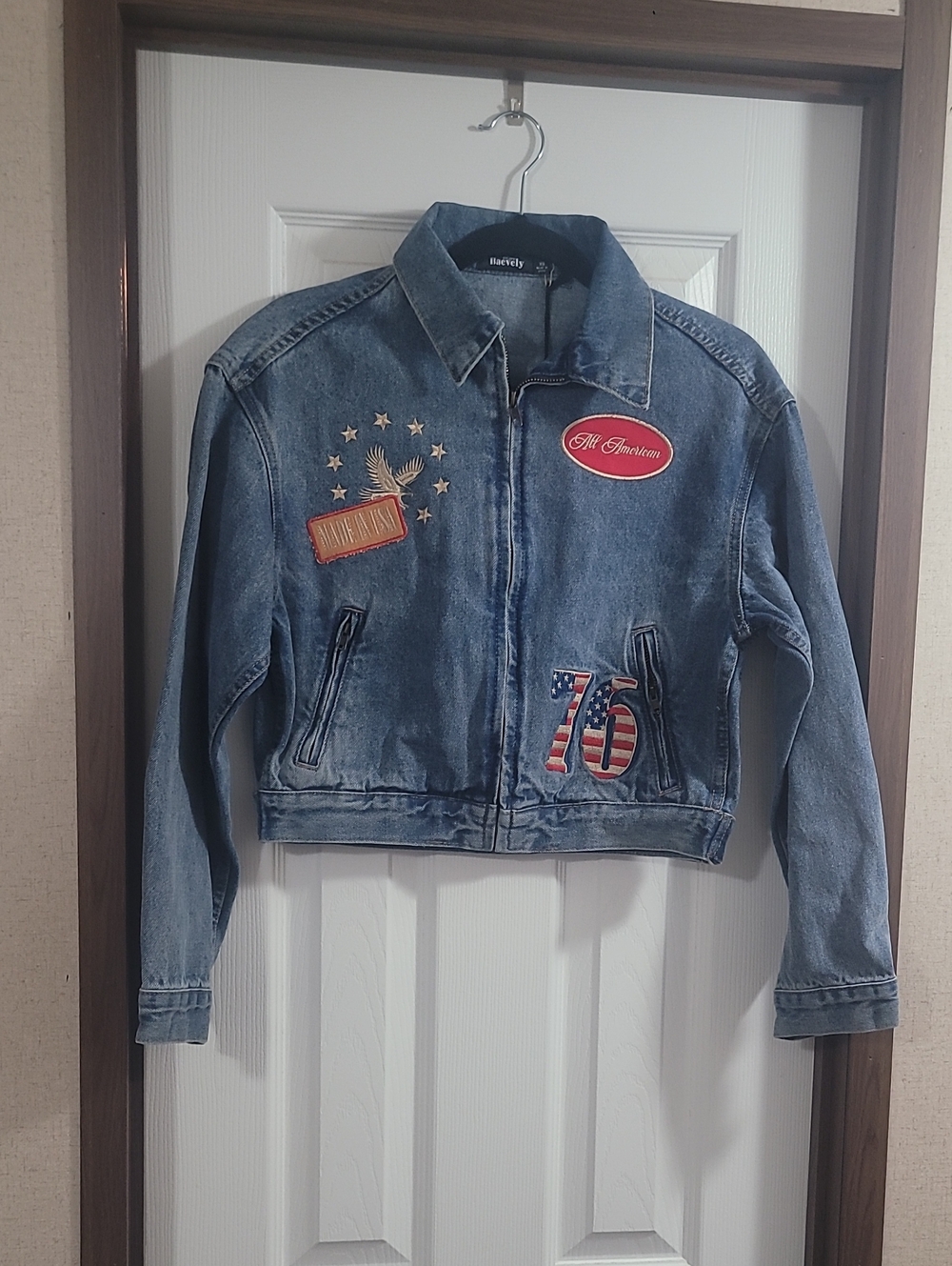 All AMERICAN CROPPED Embroidered Patch Denim Jacket with Patriotic 76